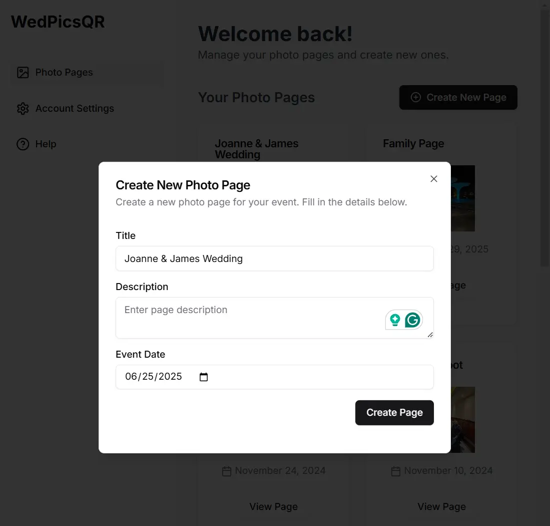 WedPicsQR Step 1: Create Your Photo Page - Wedding photo sharing interface