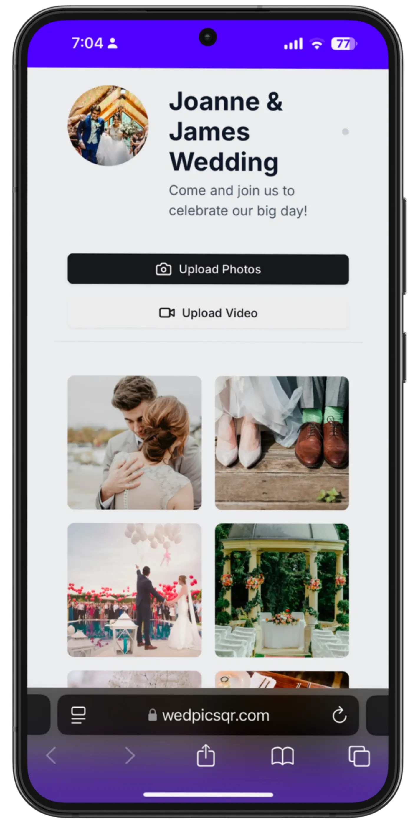 WedPicsQR Step 3: Guests are taking photos - Wedding photo sharing interface